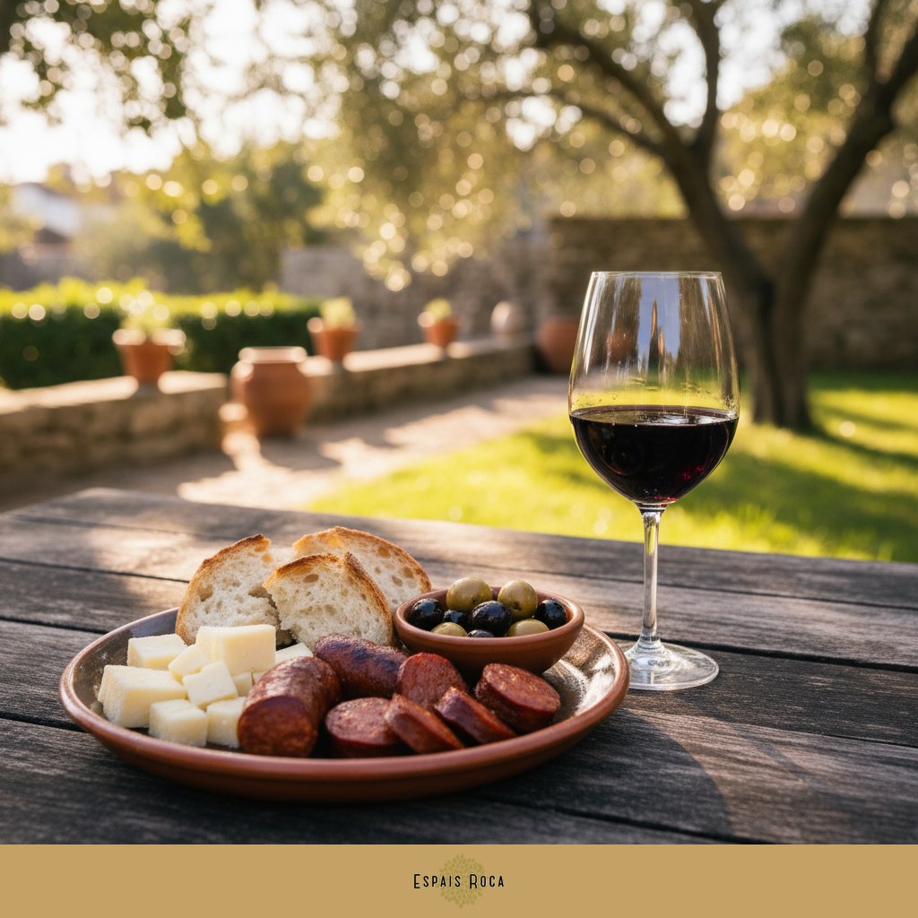 Portuguese tapas plate with Douro wine in a garden setting