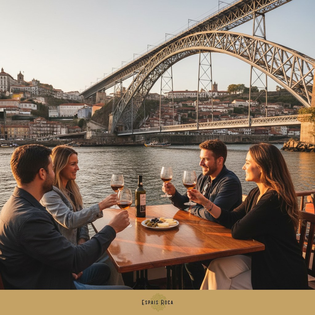 A group of travellers on a Douro river cruise in Porto with Port wine and the Dom Luis bridge overhead