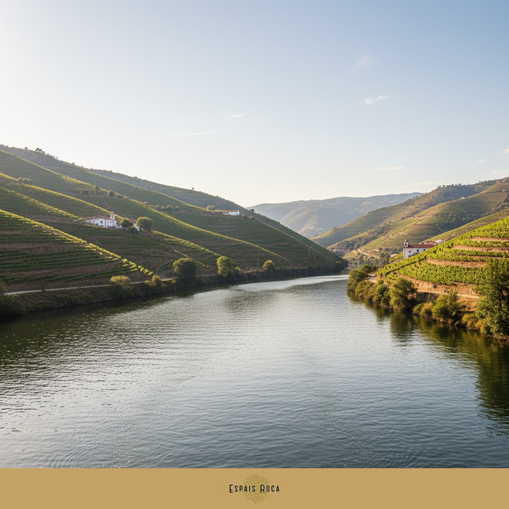 The terraced vineyards of the Douro Valley wine region viewed from a slow river cruise boat