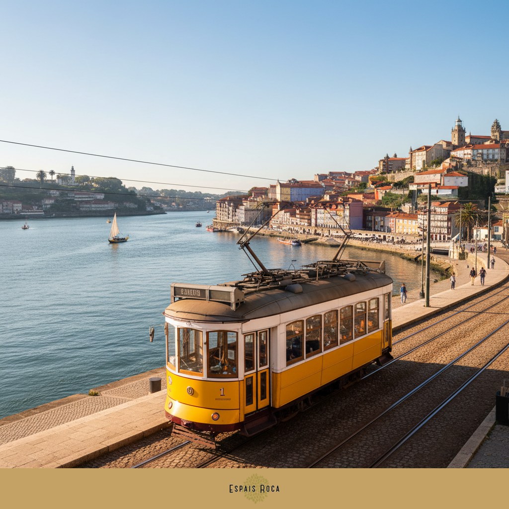 A heritage Line 1 yellow tram along the Douro riverfront