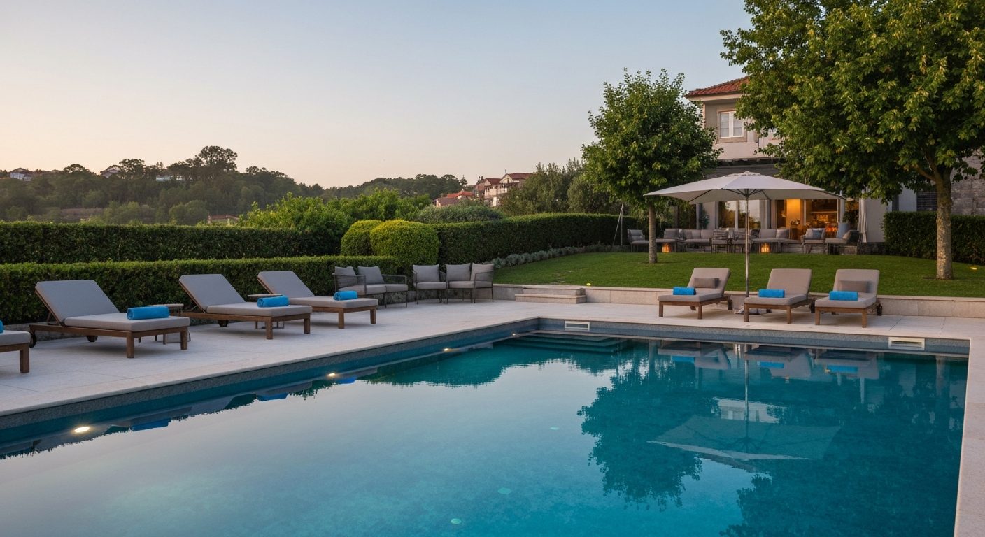 Villa Almada private pool and terrace on a winter evening in Porto