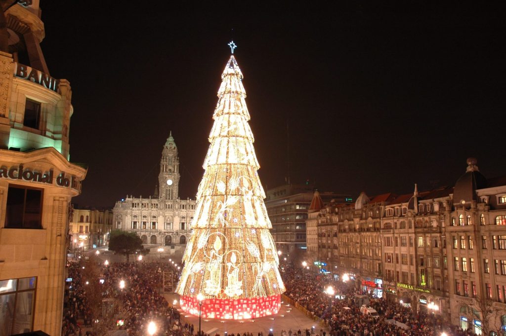 The illuminated Christmas tree on Avenida dos Aliados in Porto at New Year
